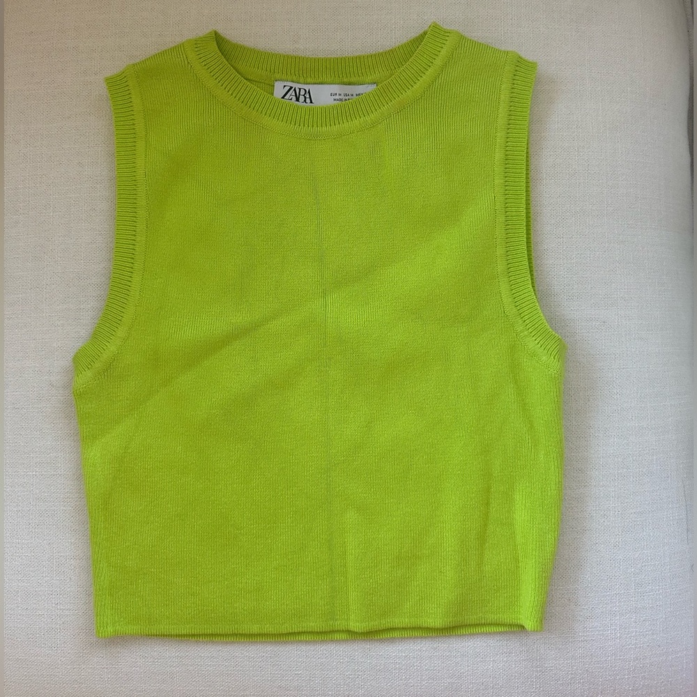 ZARA Lime Green Chartreuse Knit Crop Top Medium